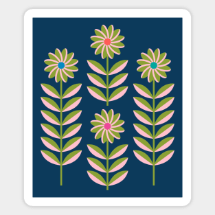 LOVE ME LOVE ME NOT Folk Art Mid-Century Modern Scandi Floral in Pink and Green on Dark Blue - UnBlink Studio by Jackie Tahara Magnet